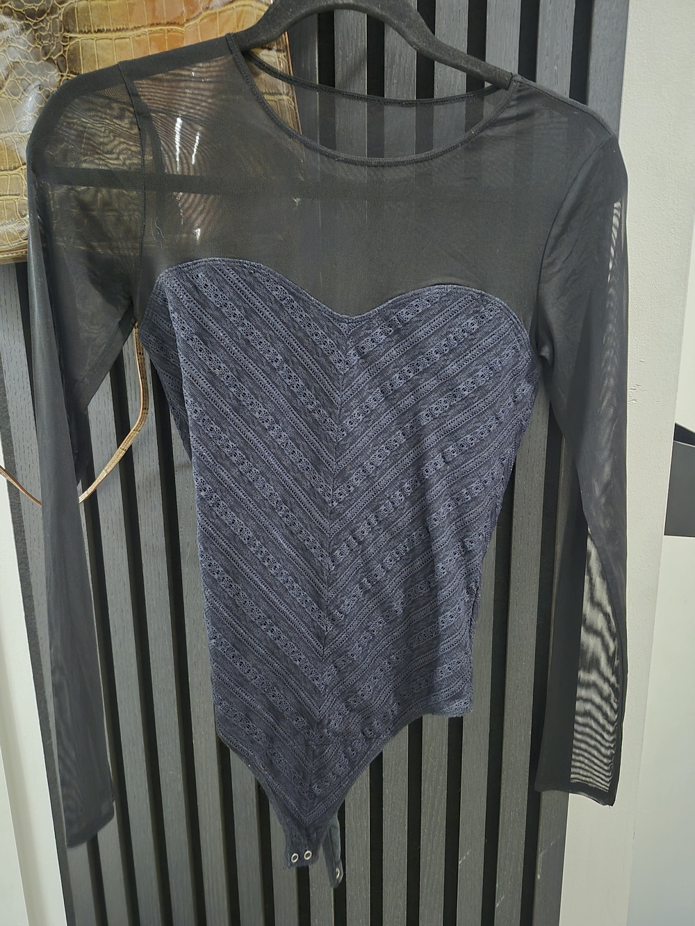 Sheer Black Mesh Bodysuit with Navy Textured Sweetheart Panel